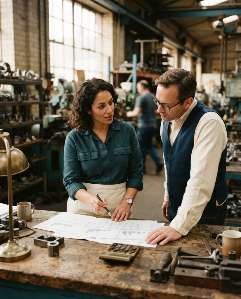 A business owner and a Channel adviser reviewing accounts on a workshop bench