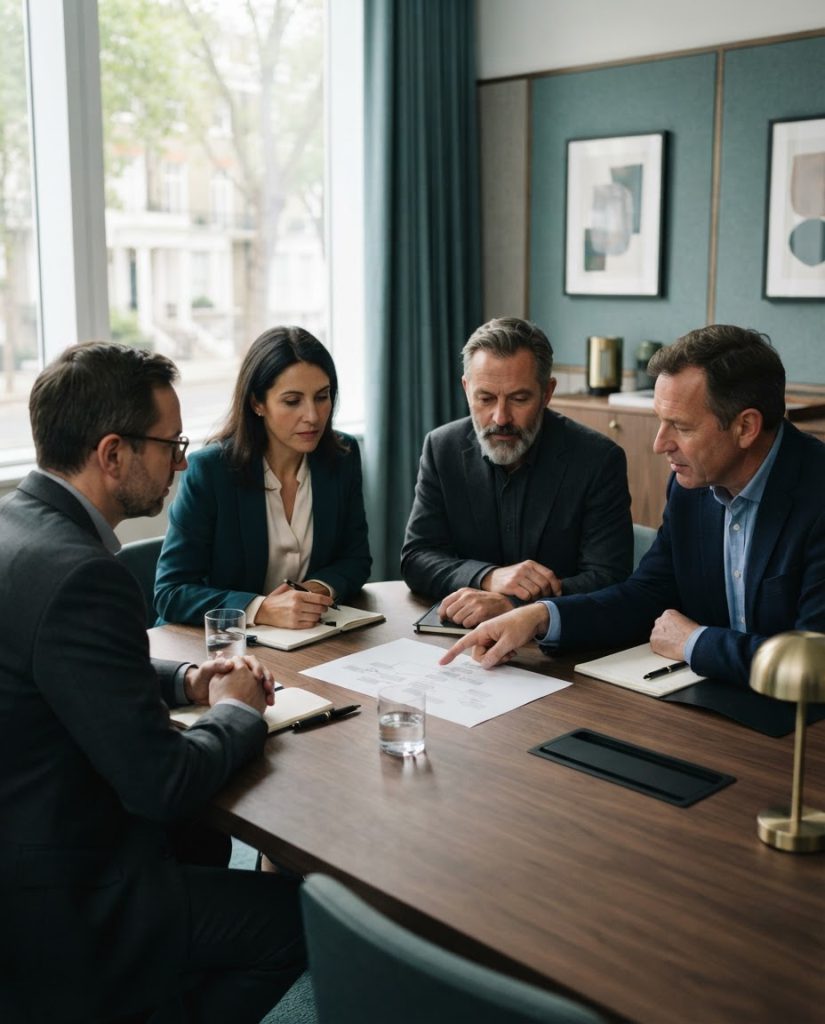 Business owners and an adviser reviewing a deal structure around a boardroom table